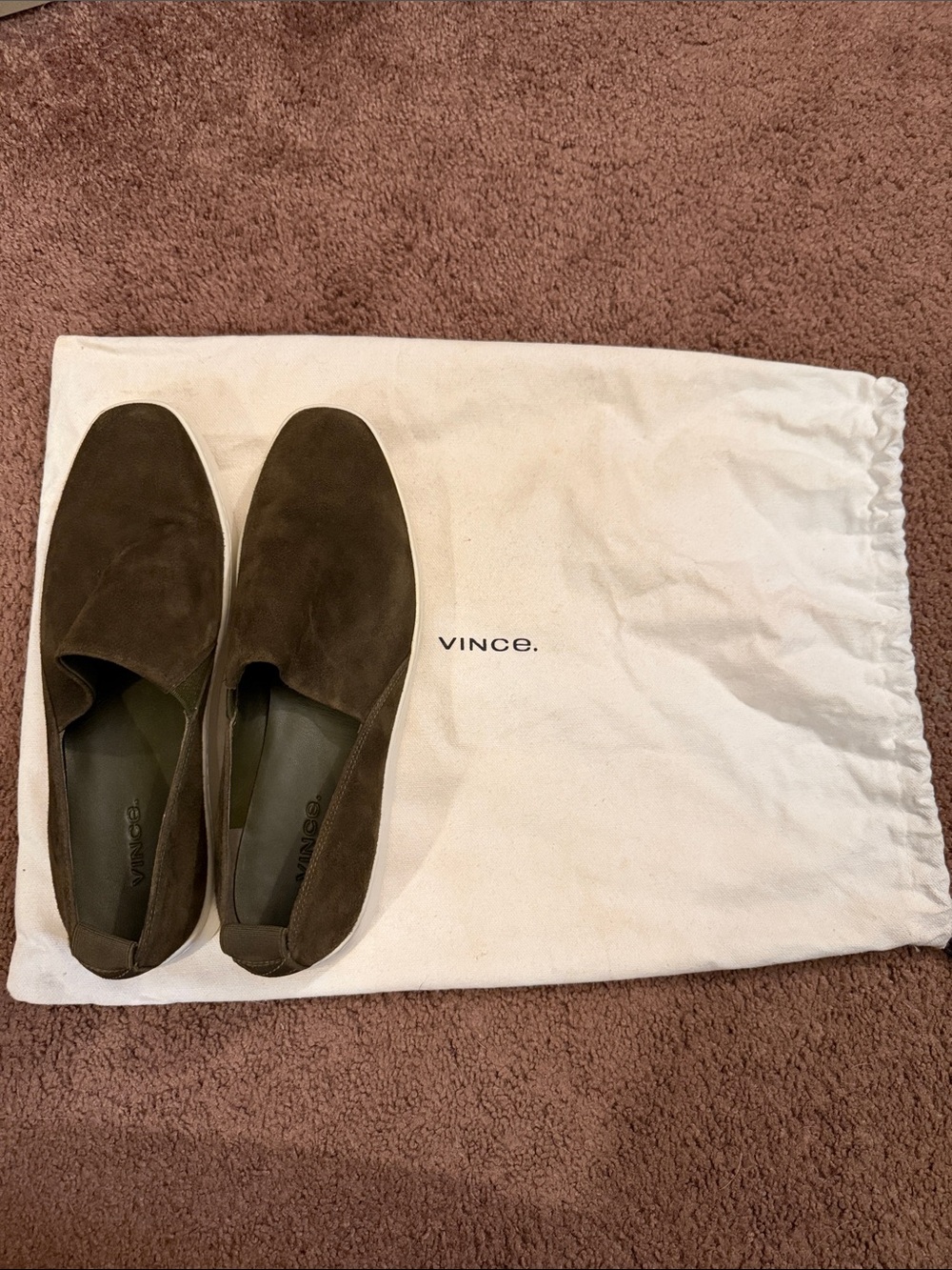 Vince Olive Green Suede Slip-On Loafers